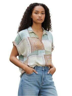 Ivy Jane Multi-Color Bandana Patchwork Oversized Camp Shirt Size S/M